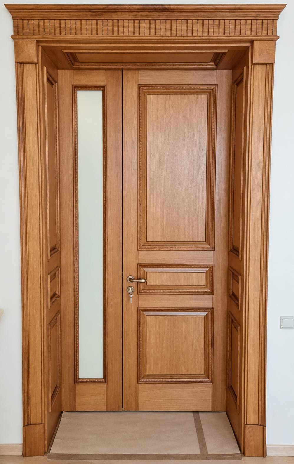 Ozolkoka iekšdurvju kopskats ar stiklotu sānu elementu, pildiņiem un dekoratīvu augšējo dzegu.